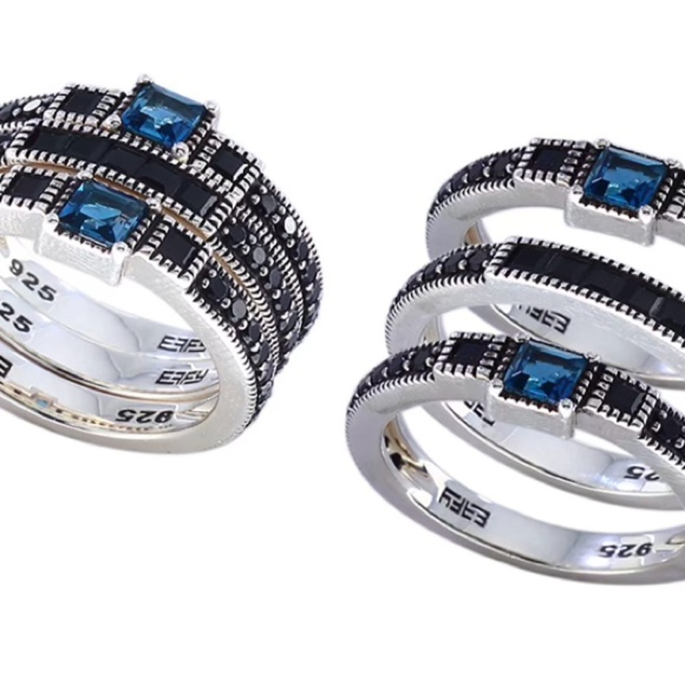 Effy 925 Sterling Silver Blue Topaz Black Spinel Triple Band Ring/New/Gift Sz 7